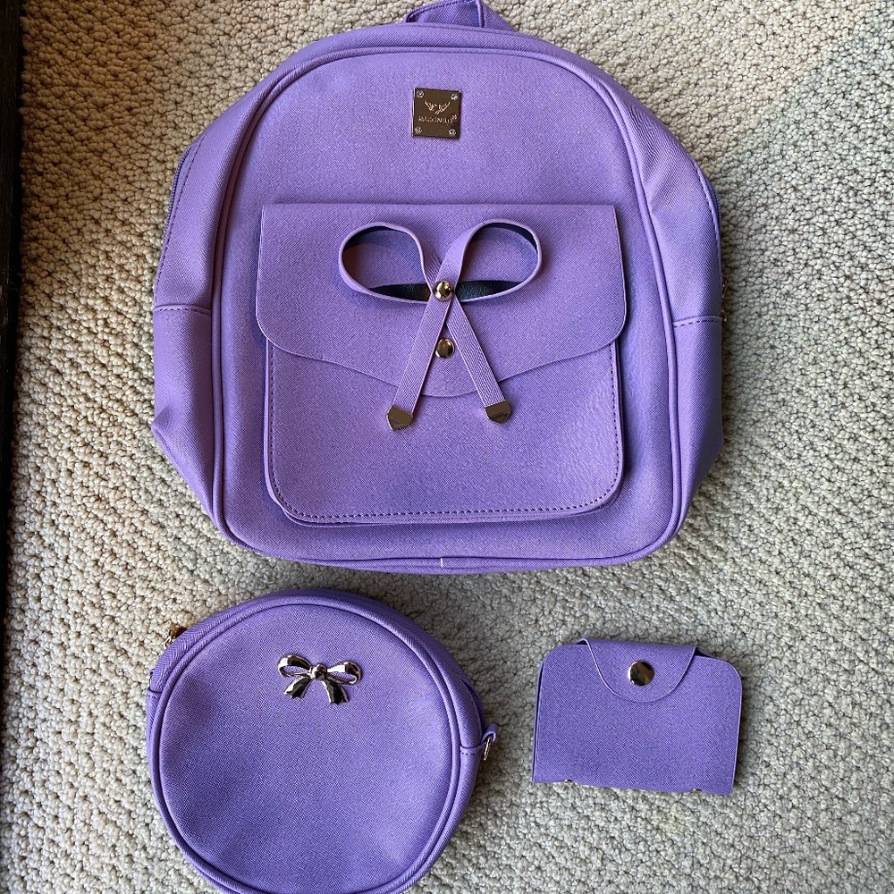 NWT Three piece set of Maccinelo Lavender Purse Backpack Bag